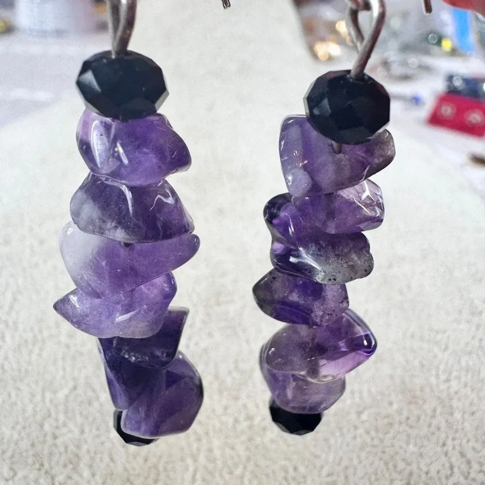 Amethyst and Black Stone Drop Earrings